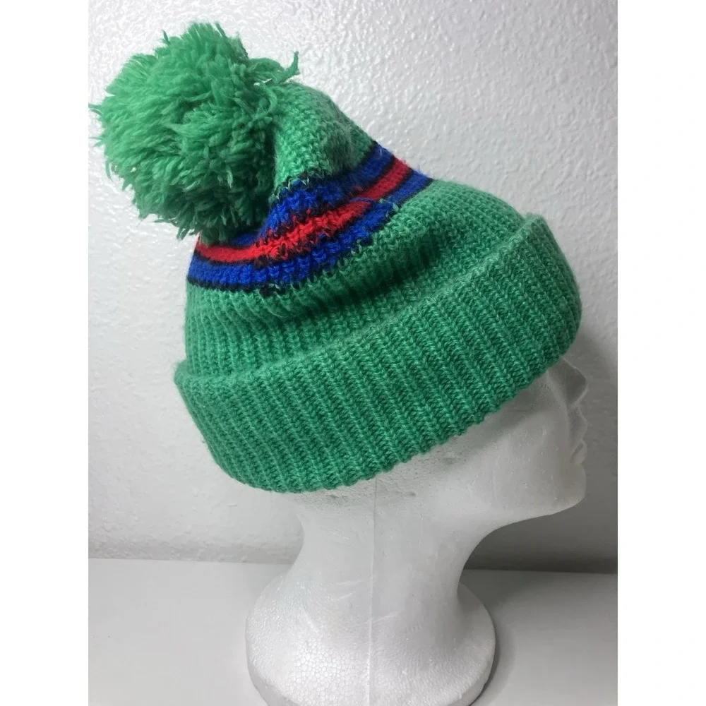 Vintage Ribbed Knit Beanie Kelly Green Winter Ski Hat Big Pom Pom Retro - Picture 7 of 8